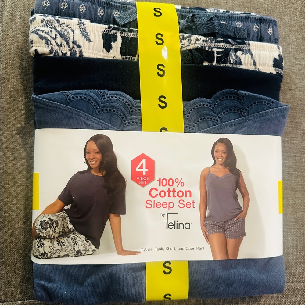 Felina 100% Cotton Sleep Set Women's M Blue Floral T-Shirt/Tank/Short/Capri NEW!